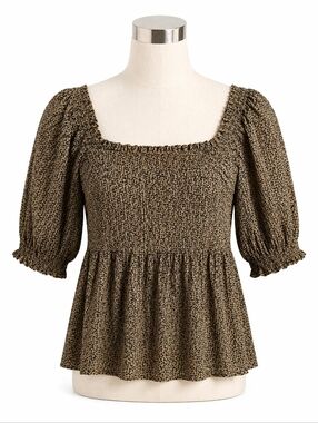 LOFT Green Printed Puff Sleeve Peplum Top Sz L Square Neck Milkmaid Romantic